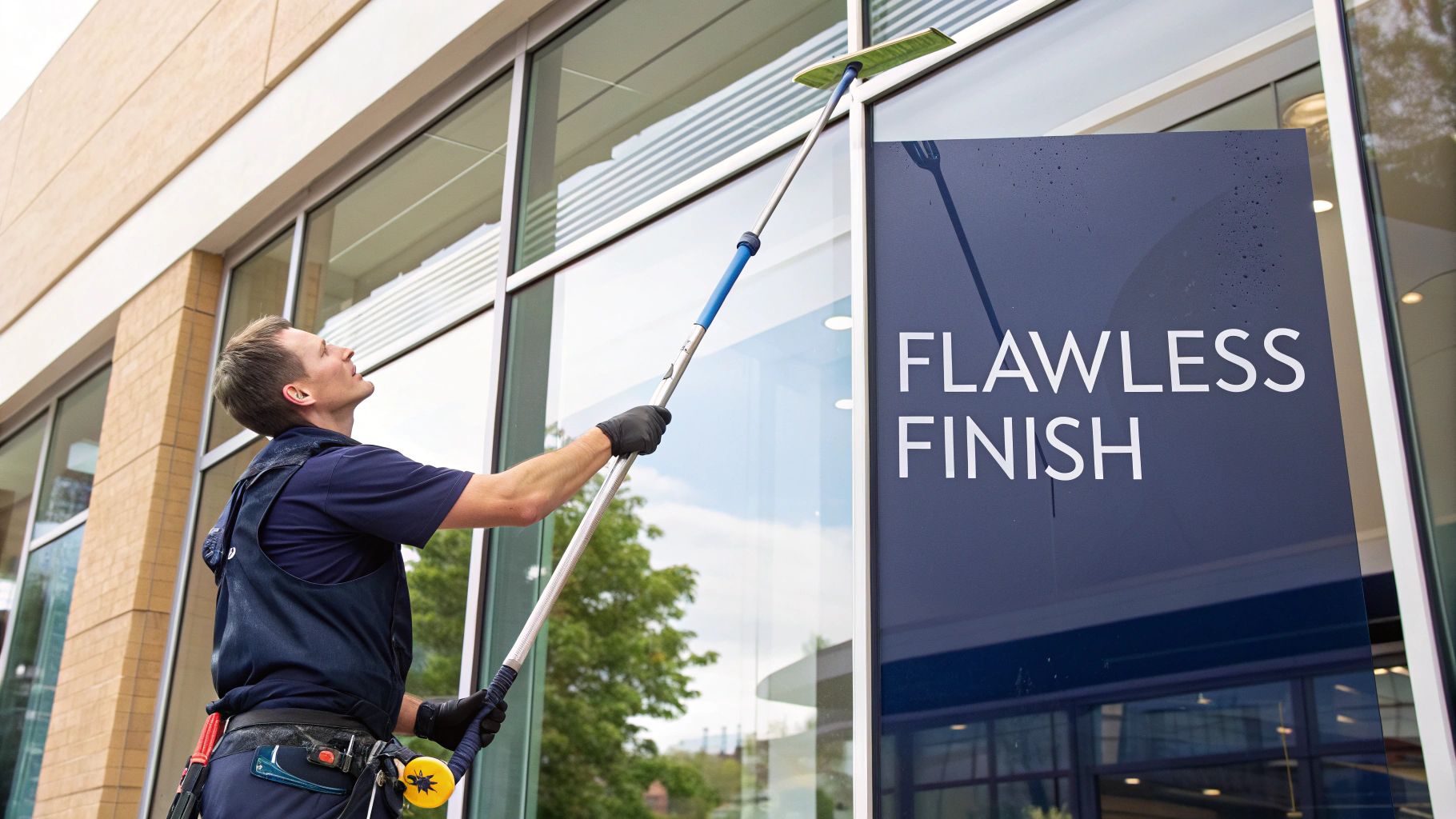 A professional window cleaner using a long pole to clean a large glass building window.