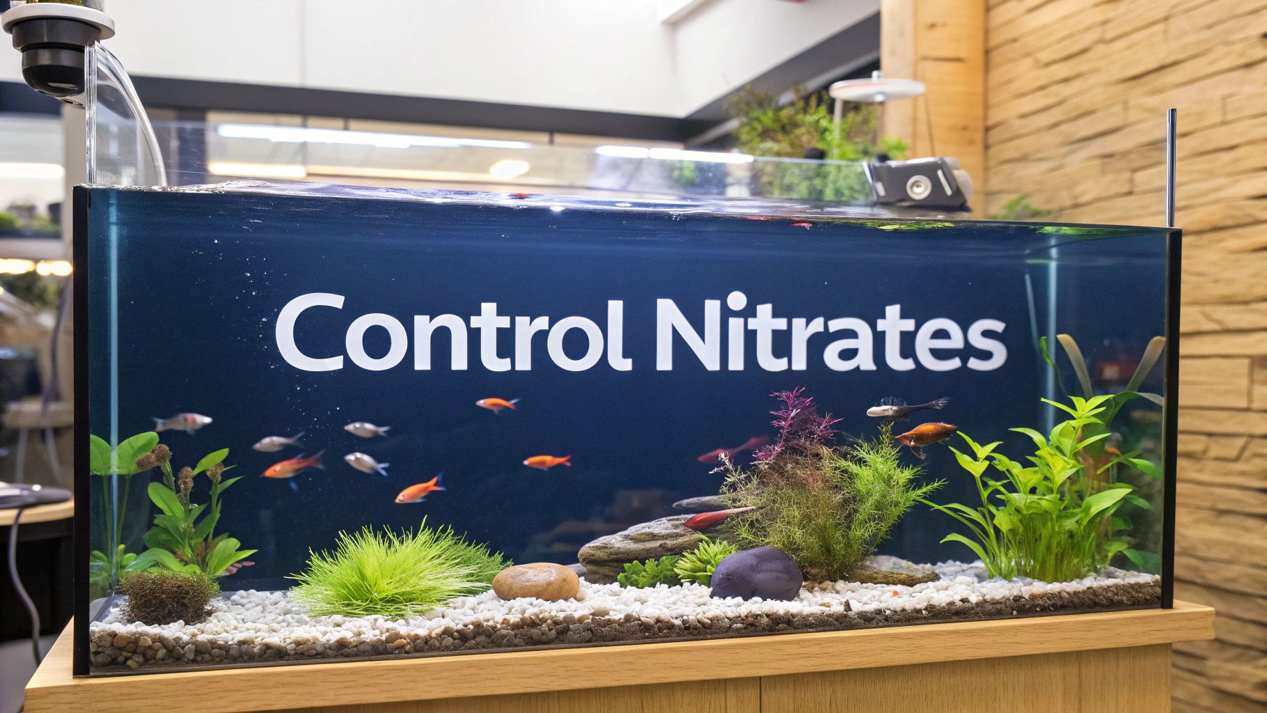 A vibrant aquarium with diverse fish, aquatic plants, and 'Control Nitrates' displayed on the back.