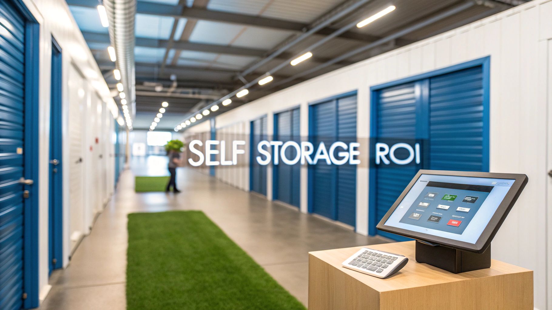 Modern self storage facility interior with blue units, digital check-in kiosk, and clean hallway