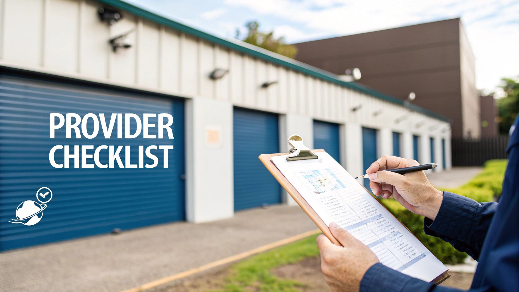 Person holding clipboard with provider checklist reviewing self storage facility with blue doors