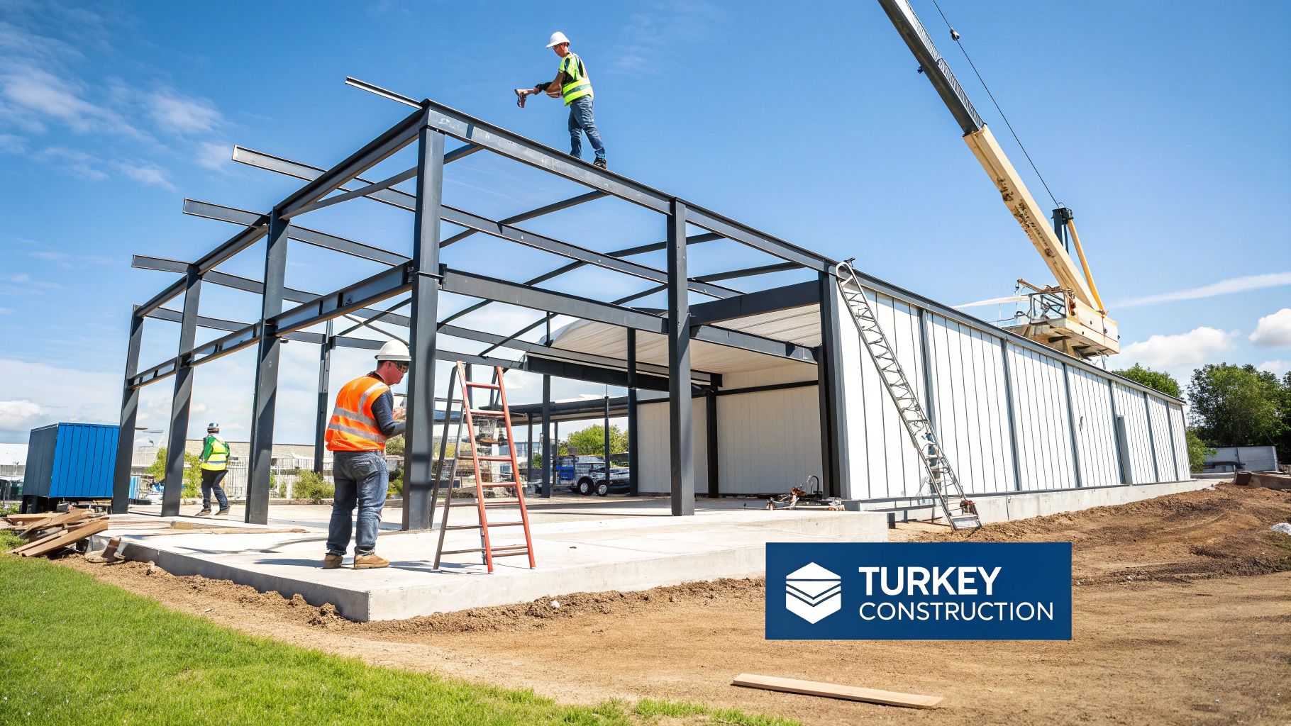 Construction workers building a steel frame structure for a new self-storage facility on a sunny day.