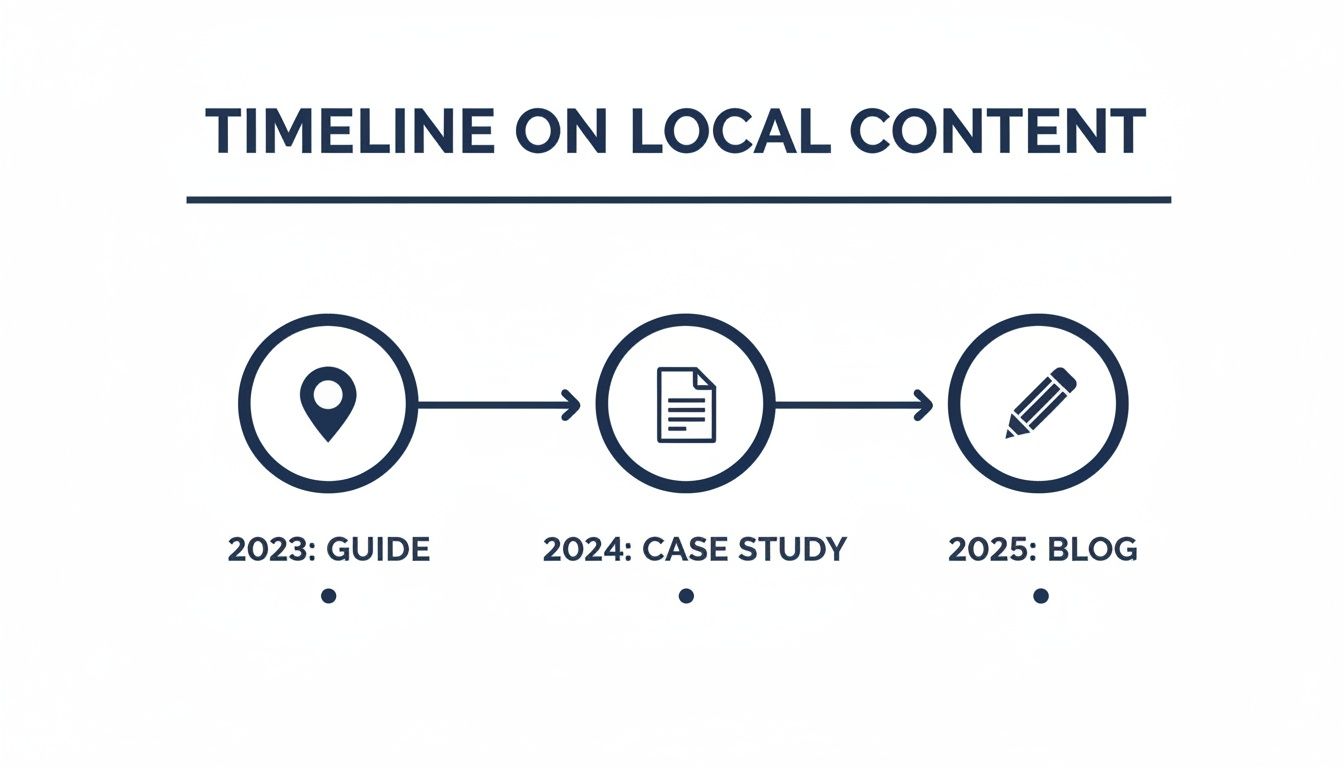 Timeline illustrating a local content strategy: 2023 Guide, 2024 Case Study, 2025 Blog.