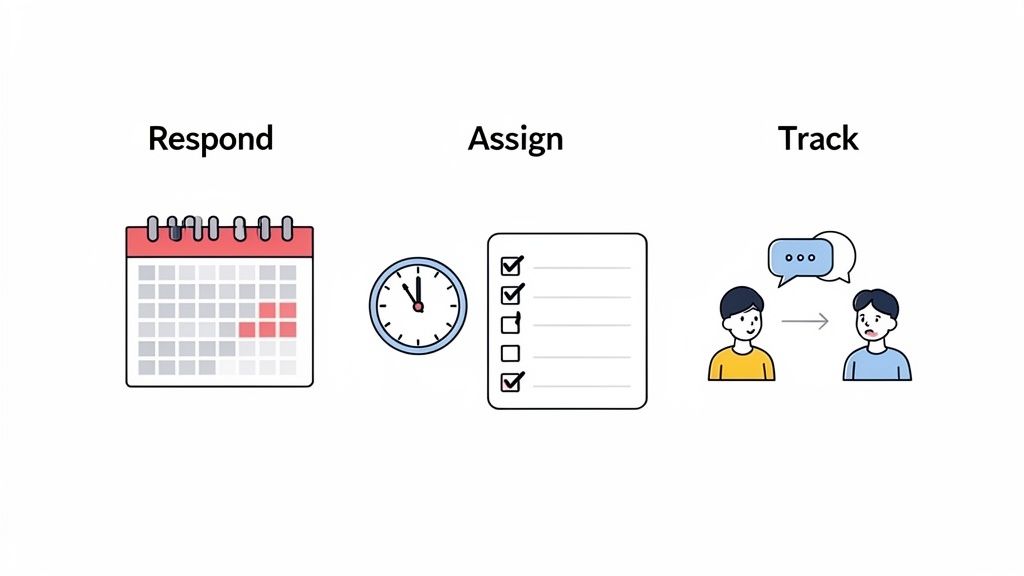Illustrations depicting a three-step process: respond (calendar), assign (clock and checklist), and track (communication between people).