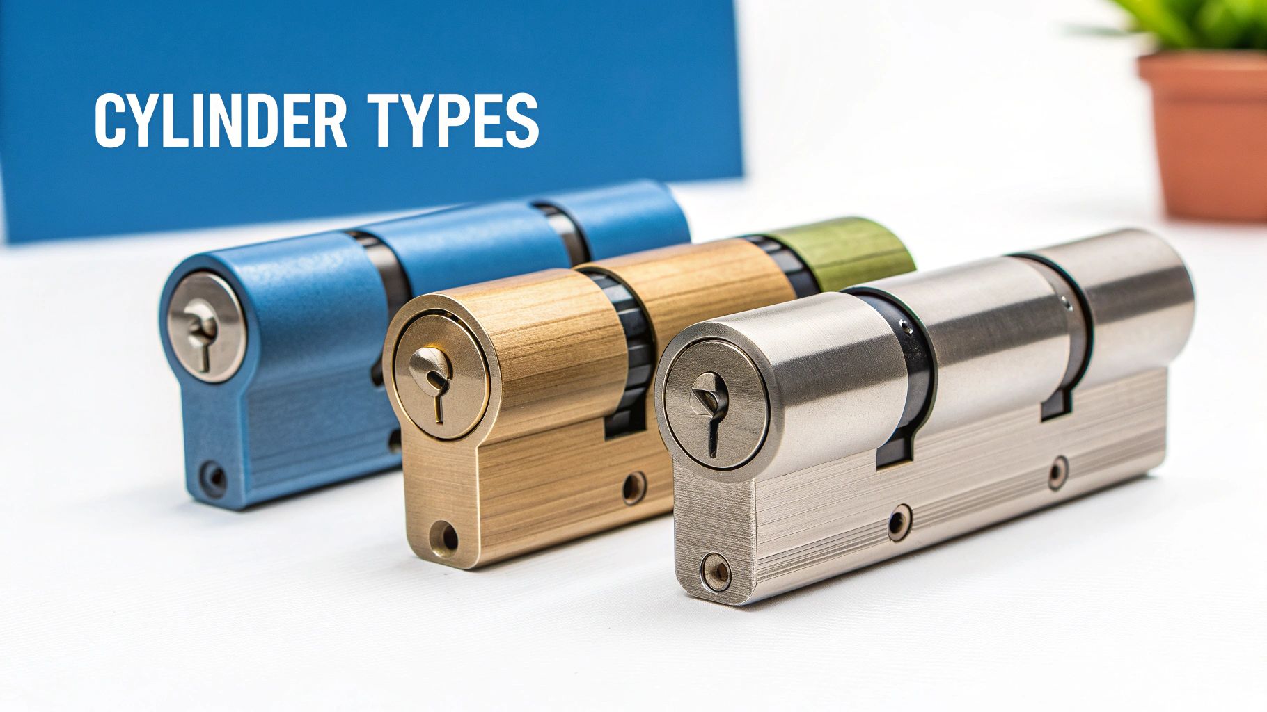 A person's hand holding a euro cylinder lock, showing its shape and keyway.