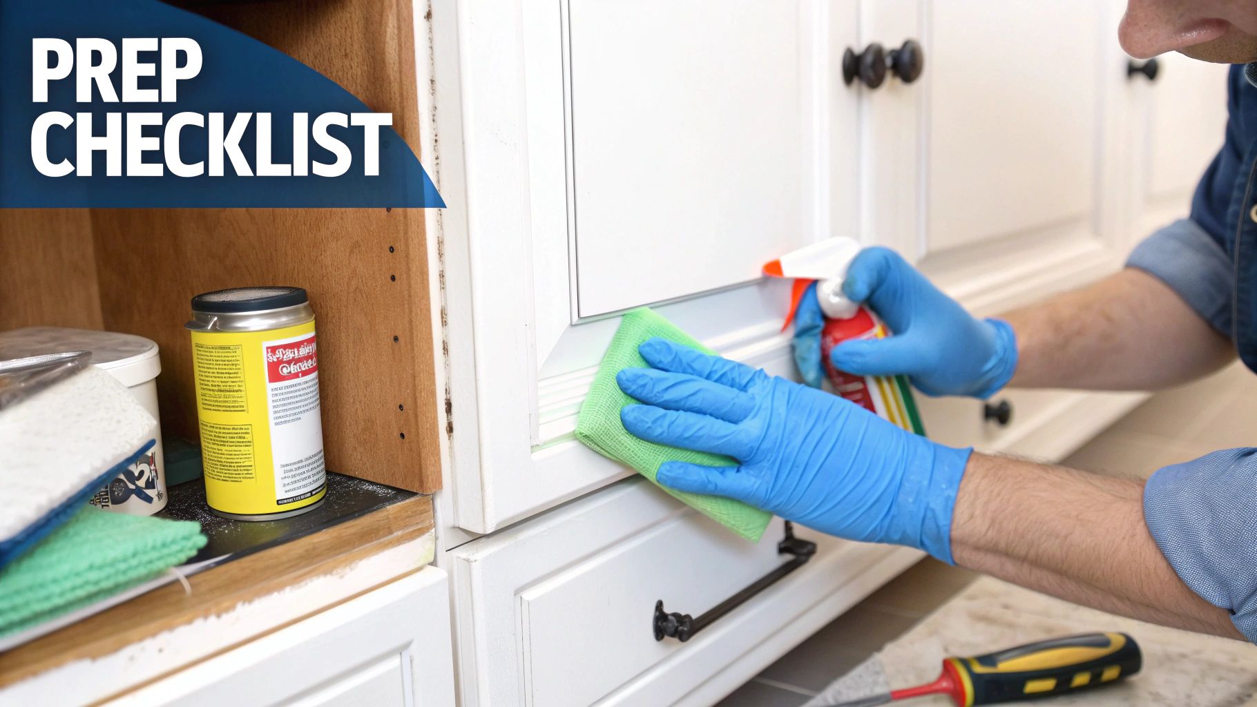 A person in blue gloves cleans white kitchen cabinets with a green cloth and spray bottle, following a prep checklist.