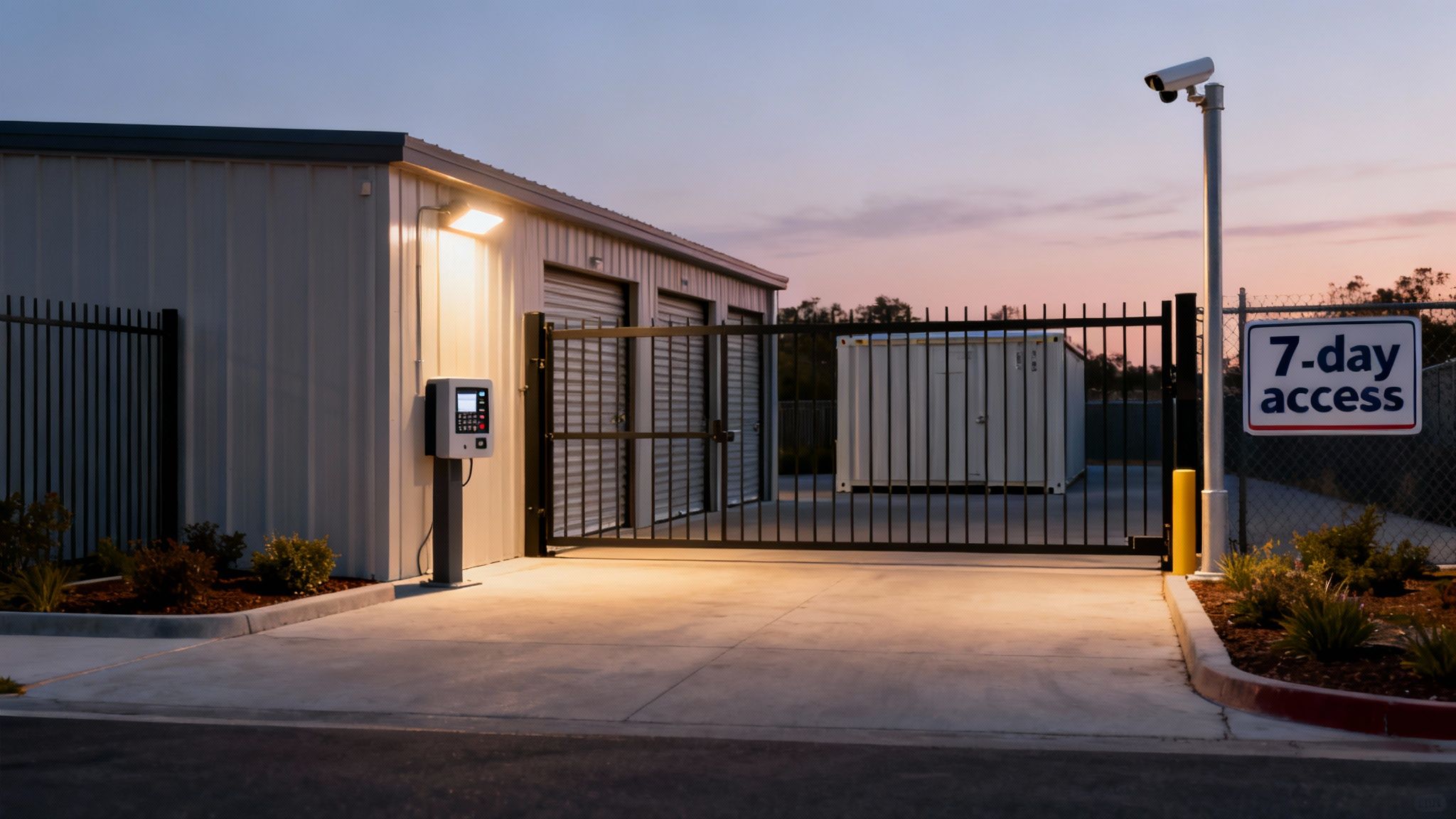 Evening view of a modern self-storage facility with a secure entry gate, keypad, and 7-day access sign.