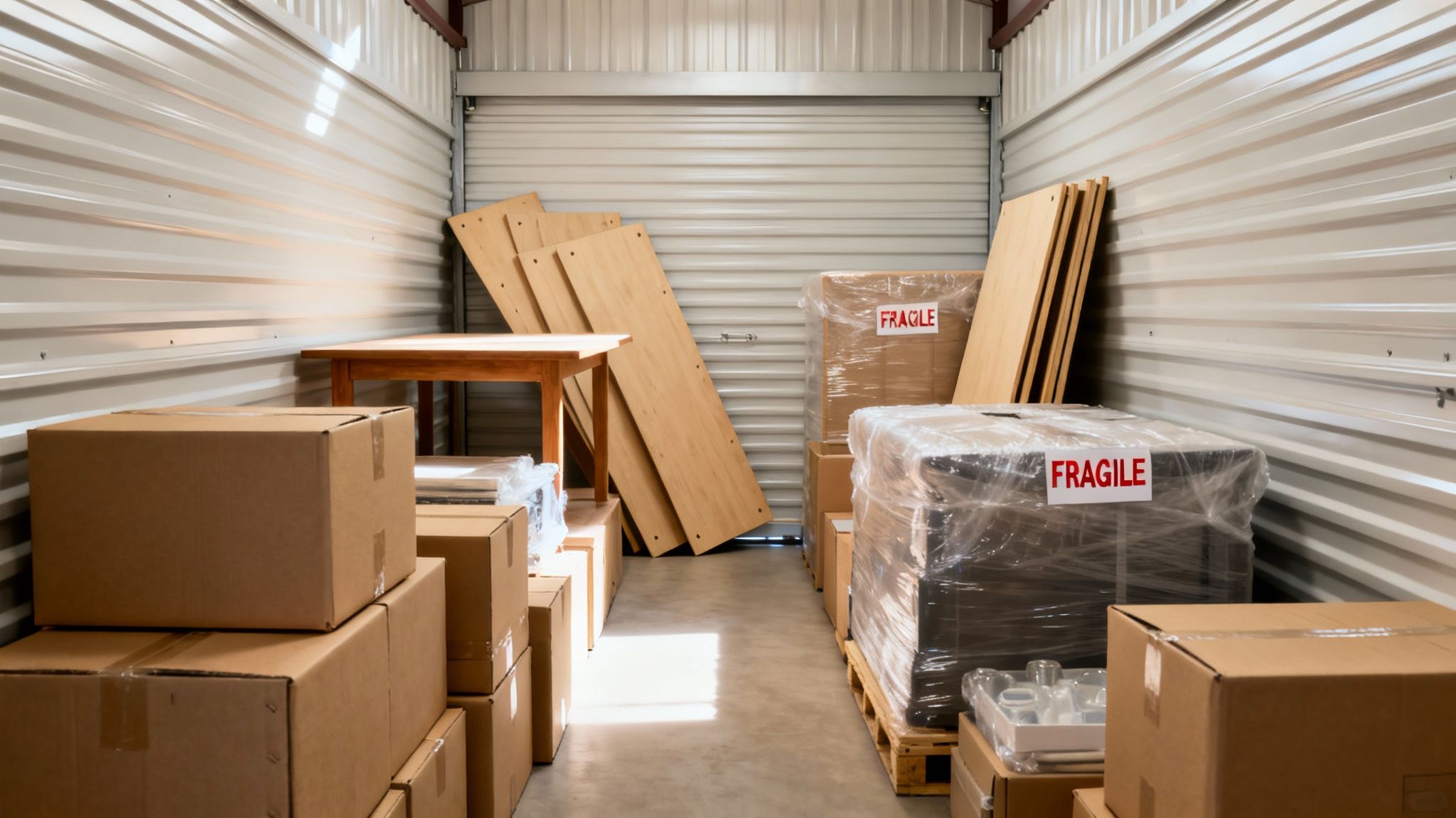 Your Guide to Finding the Perfect Northampton Storage Unit 2 A well-organized self-storage unit filled with cardboard moving boxes, a wooden table, and wrapped fragile items.