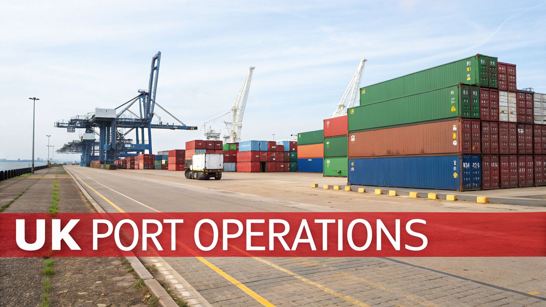 A wide shot of a bustling UK port with large cranes, trucks, and colorful stacked shipping containers.