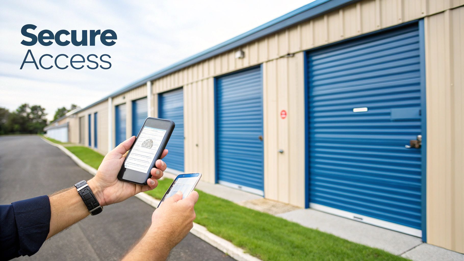 A close-up of a modern, secure lock on a storage locker door.