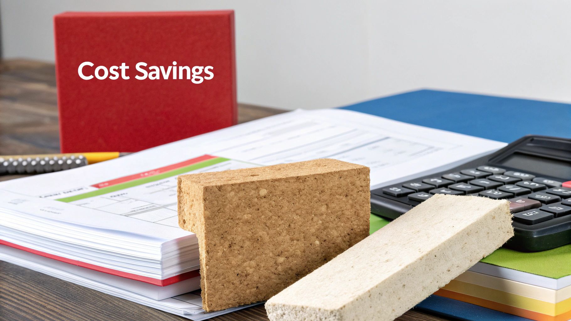 A person using a calculator with building materials in the background, symbolising budgeting for an insulation project.