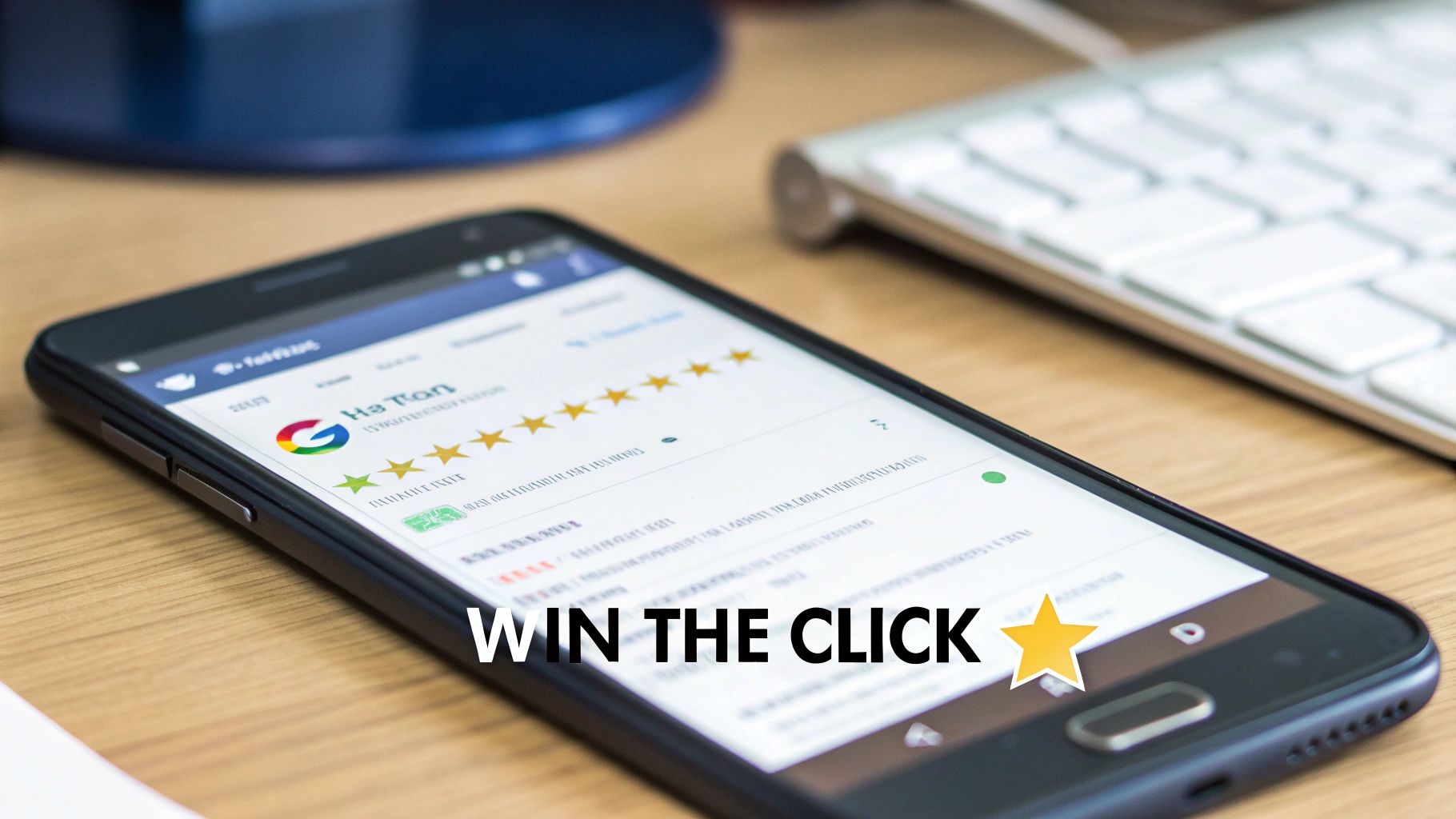 A smartphone displaying a Google review page with five stars and 'WIN THE CLICK' text.