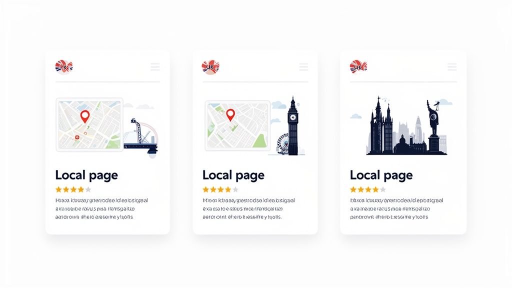 Three UK local page cards with maps, ratings, and various British landmarks like Big Ben and Westminster.