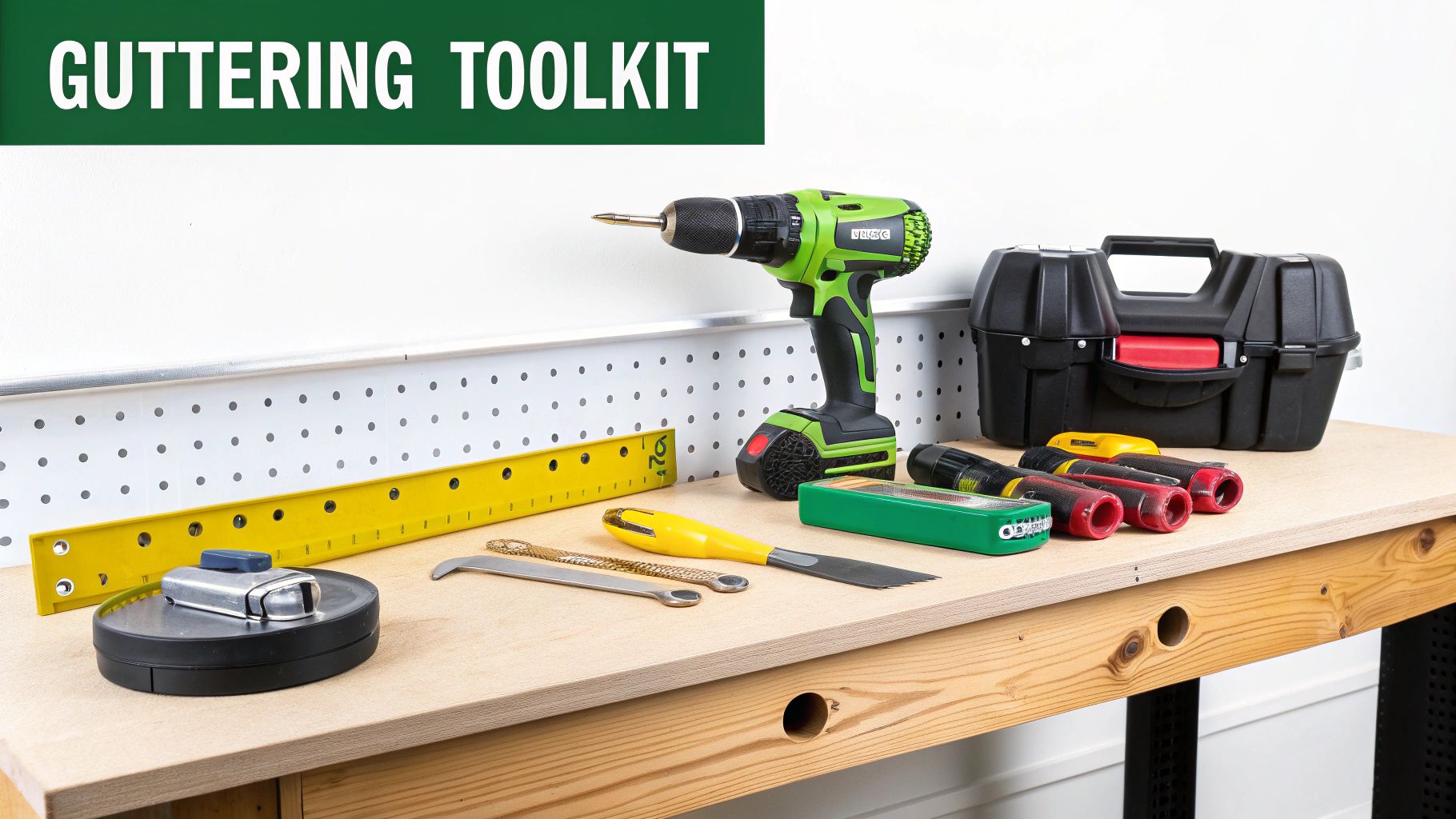 A collection of guttering components and tools laid out on a wooden surface, ready for installation.