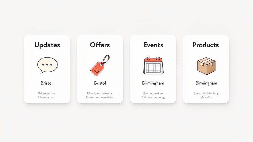 Four white cards displaying business categories: Updates, Offers, Events, and Products, with icons and city names.