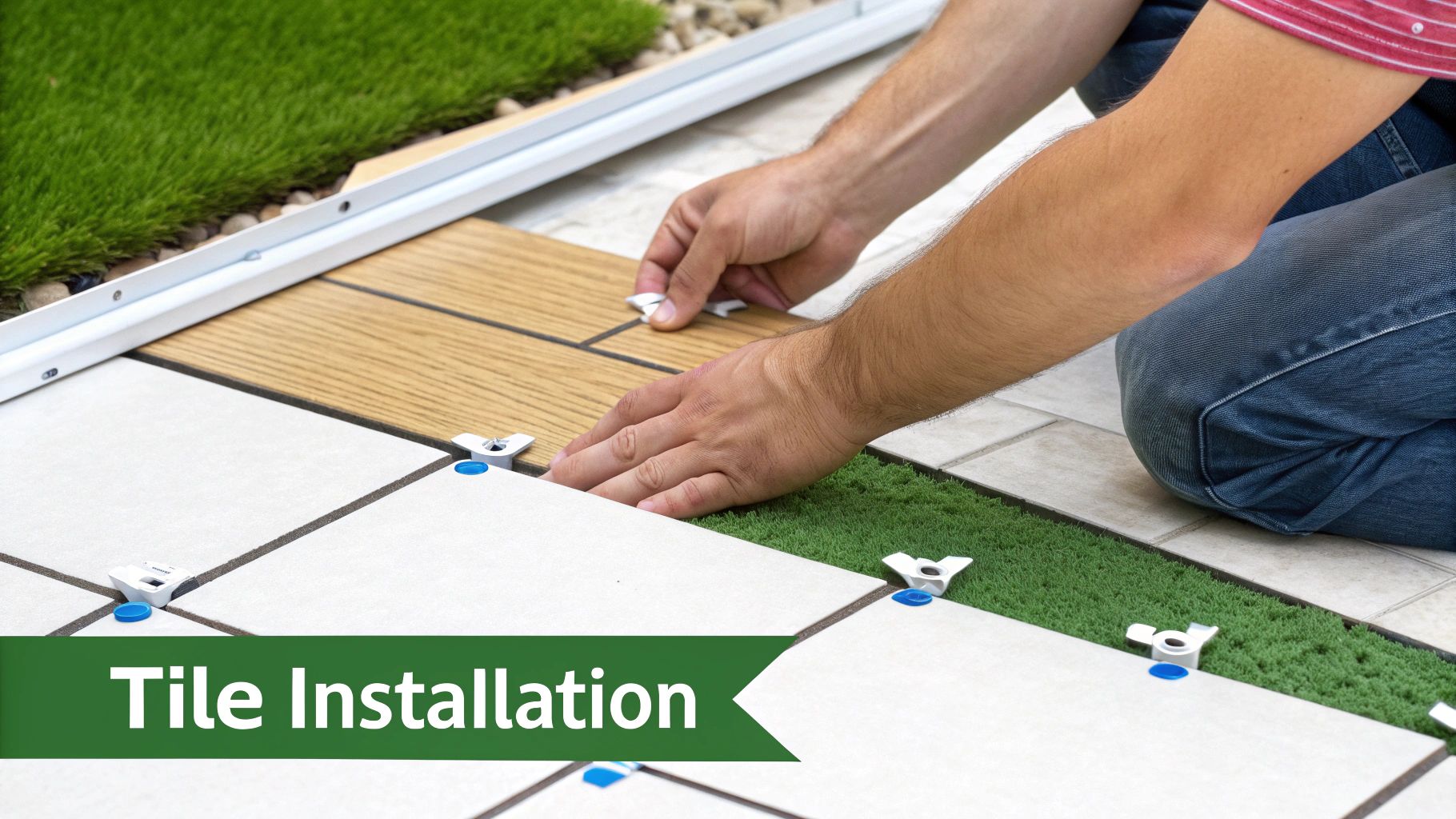 A professional tiler applying grout to freshly laid bathroom wall tiles.