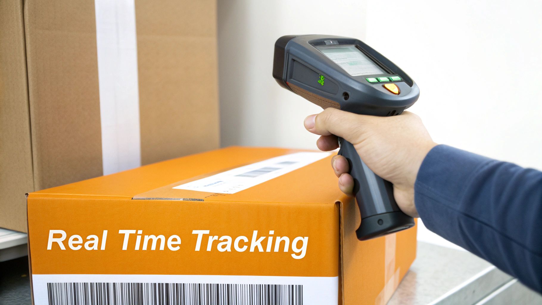 A hand scans an orange package with a barcode reader, illustrating real-time tracking for inventory.