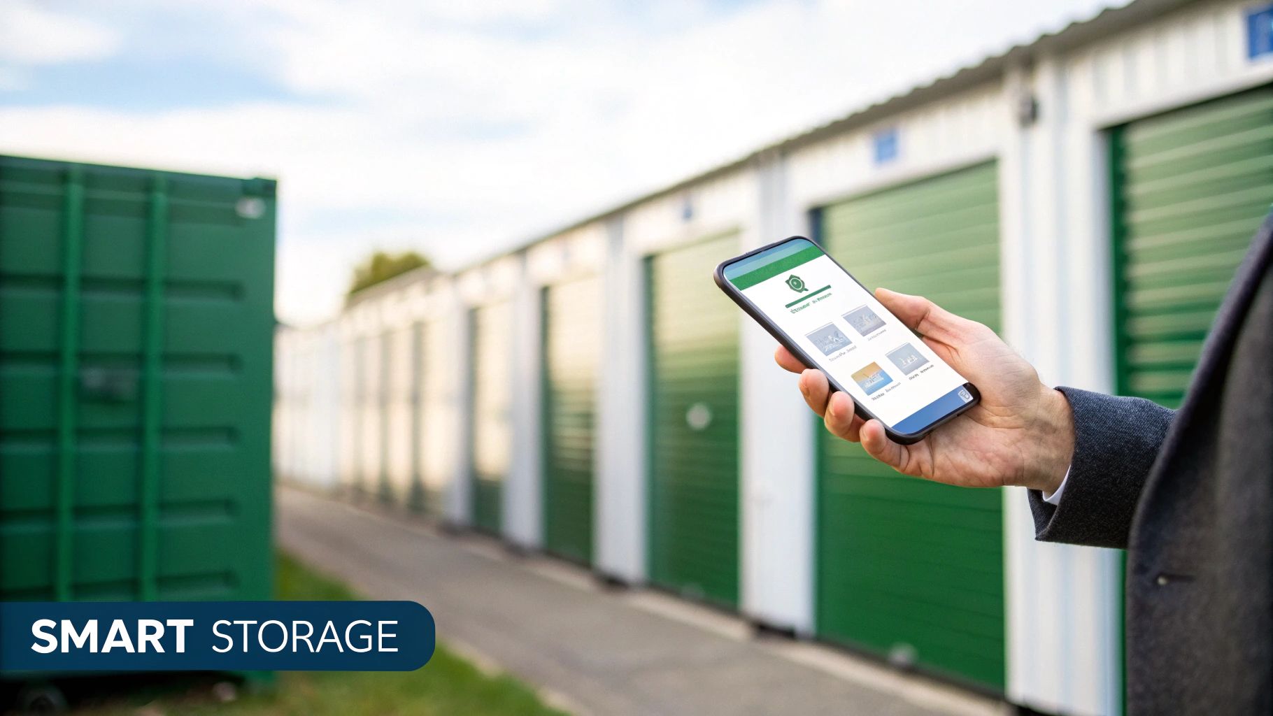 A person using a smartphone to manage their business storage