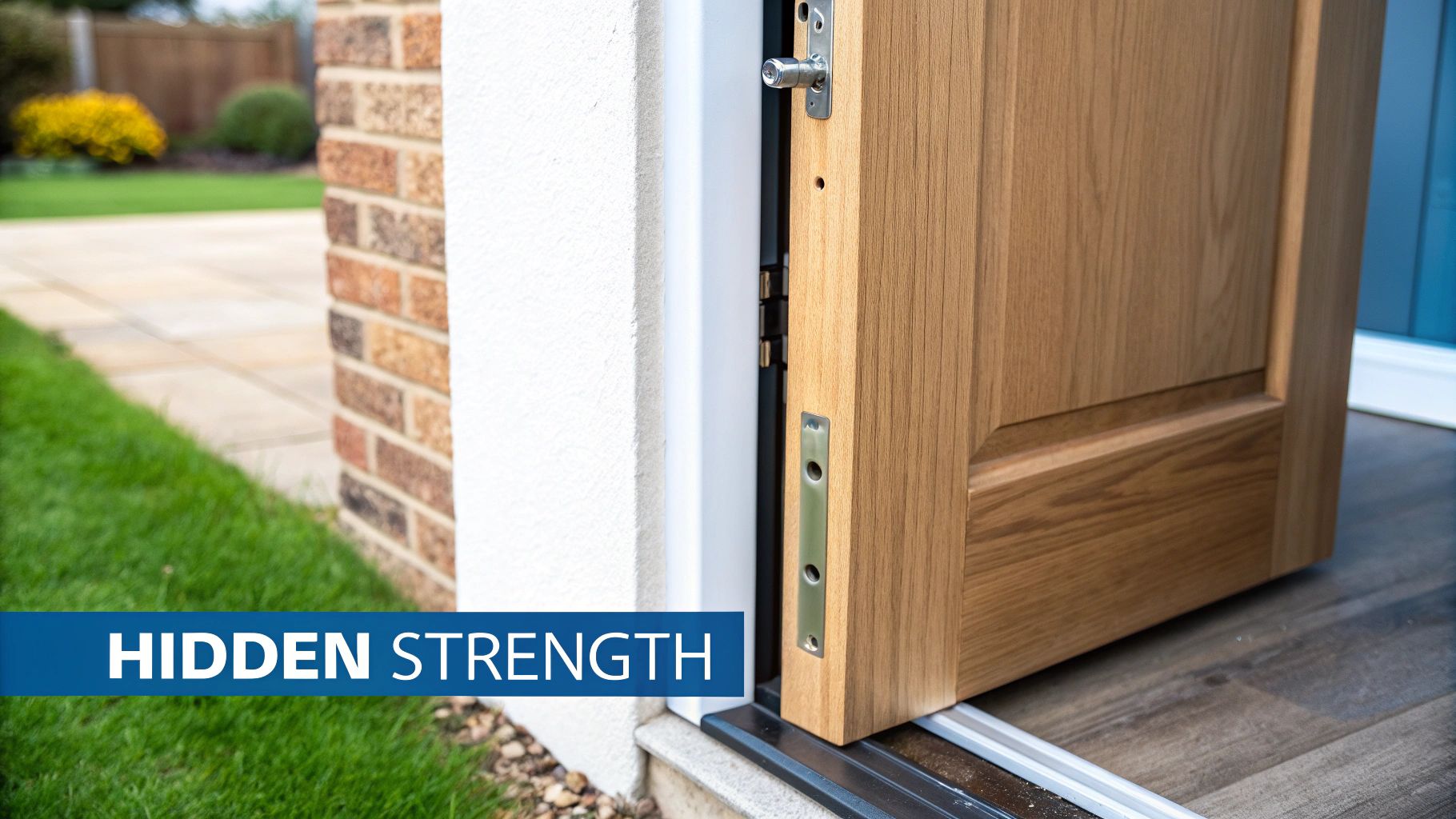 A partially open wooden door reveals its internal mortise lock mechanism for security.