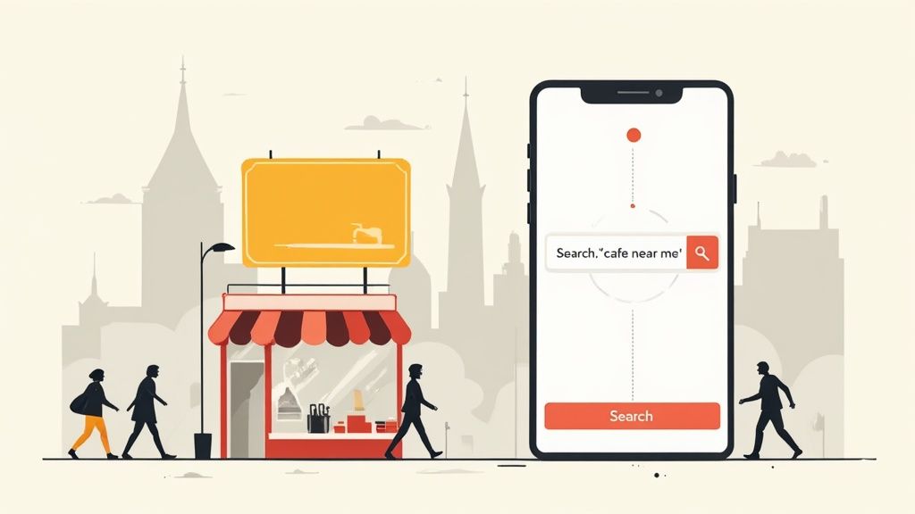 A smartphone displays a 'cafe near me' search, with people walking past a storefront, illustrating local search optimization.