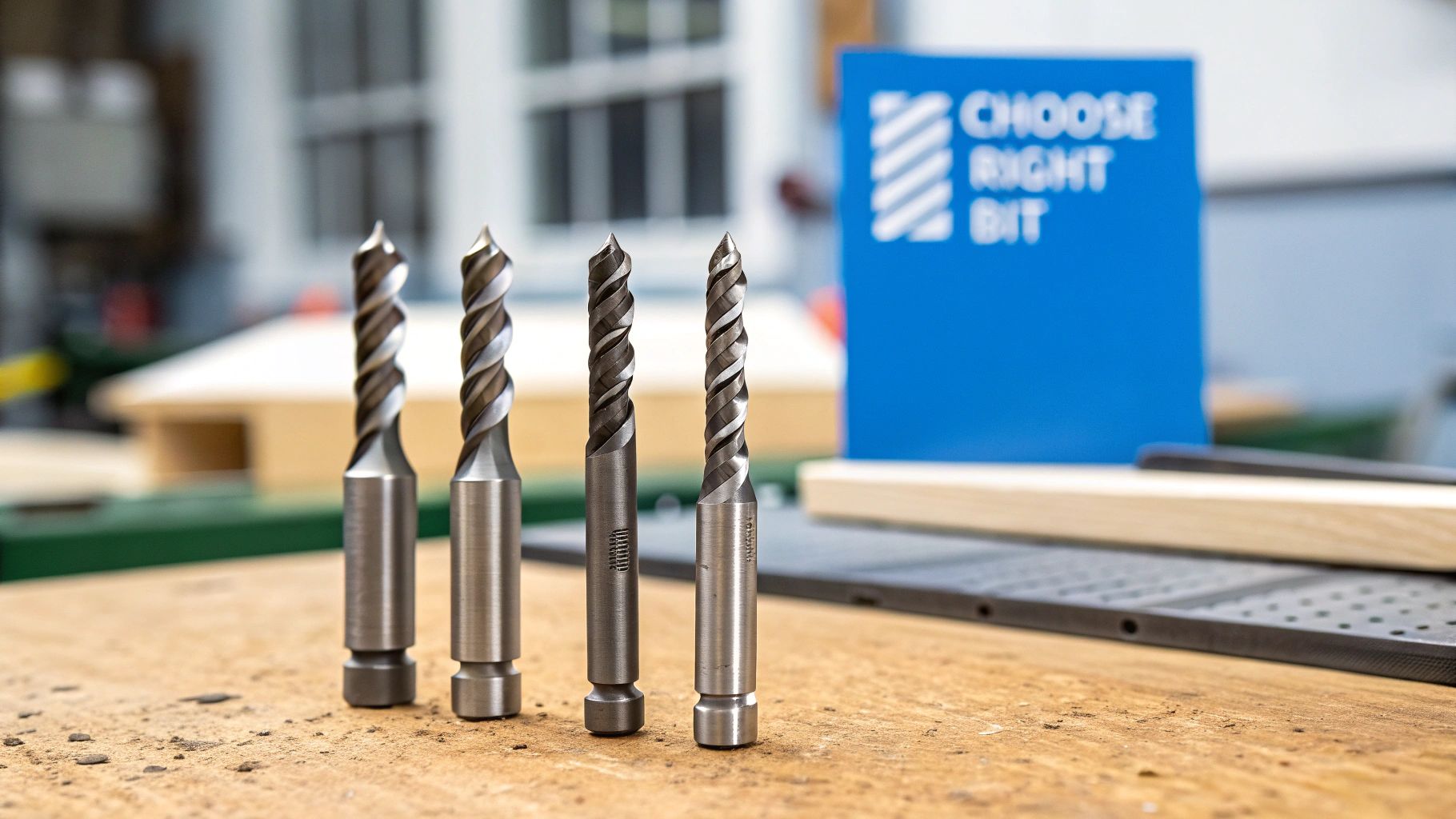 A selection of brad point drill bits arranged neatly
