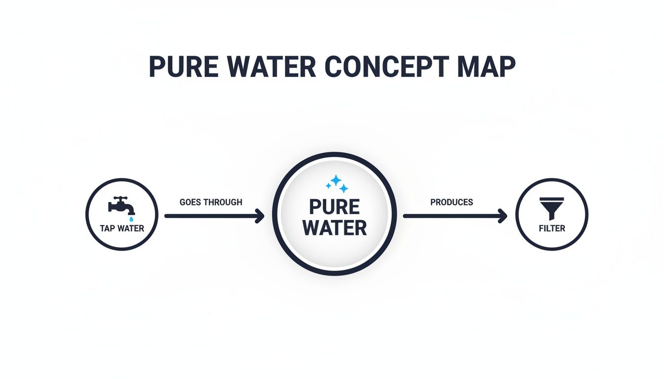 A pure water concept map showing tap water goes through a process to become pure water, producing a filter.