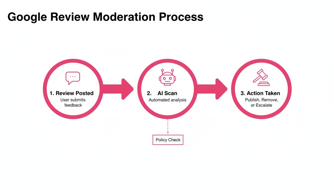 Flowchart showing Google's review moderation process: review posted, AI scan with policy check, and action taken.