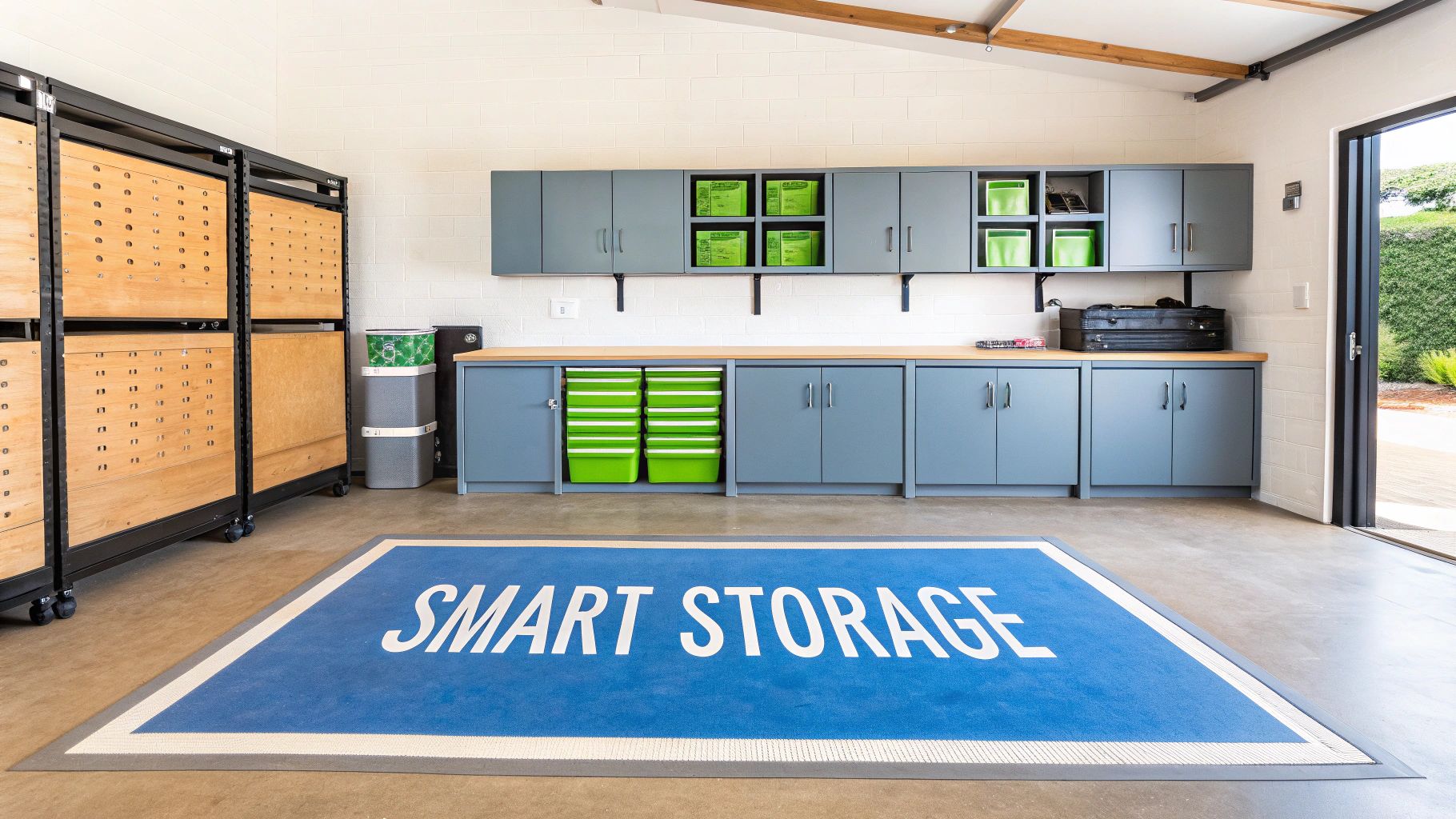 A commercial garage with a sturdy mezzanine floor installed for extra storage space.