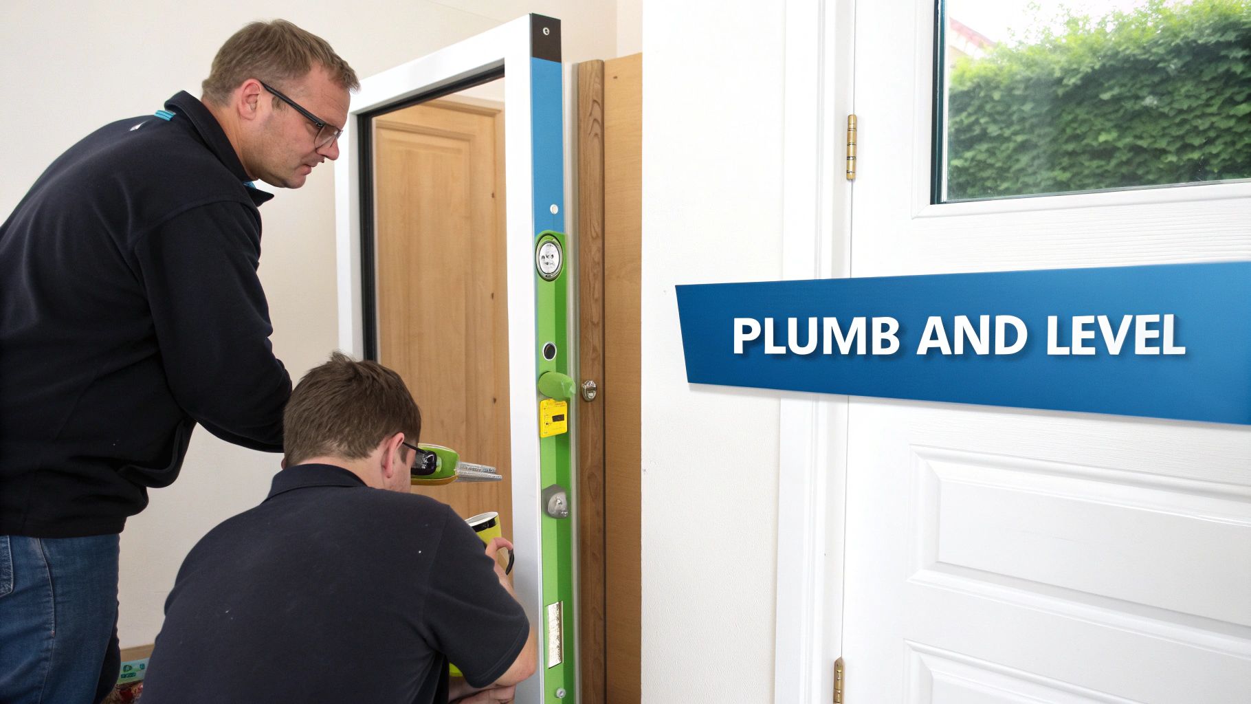 A person carefully installing an internal door frame, using packers to ensure it is level.