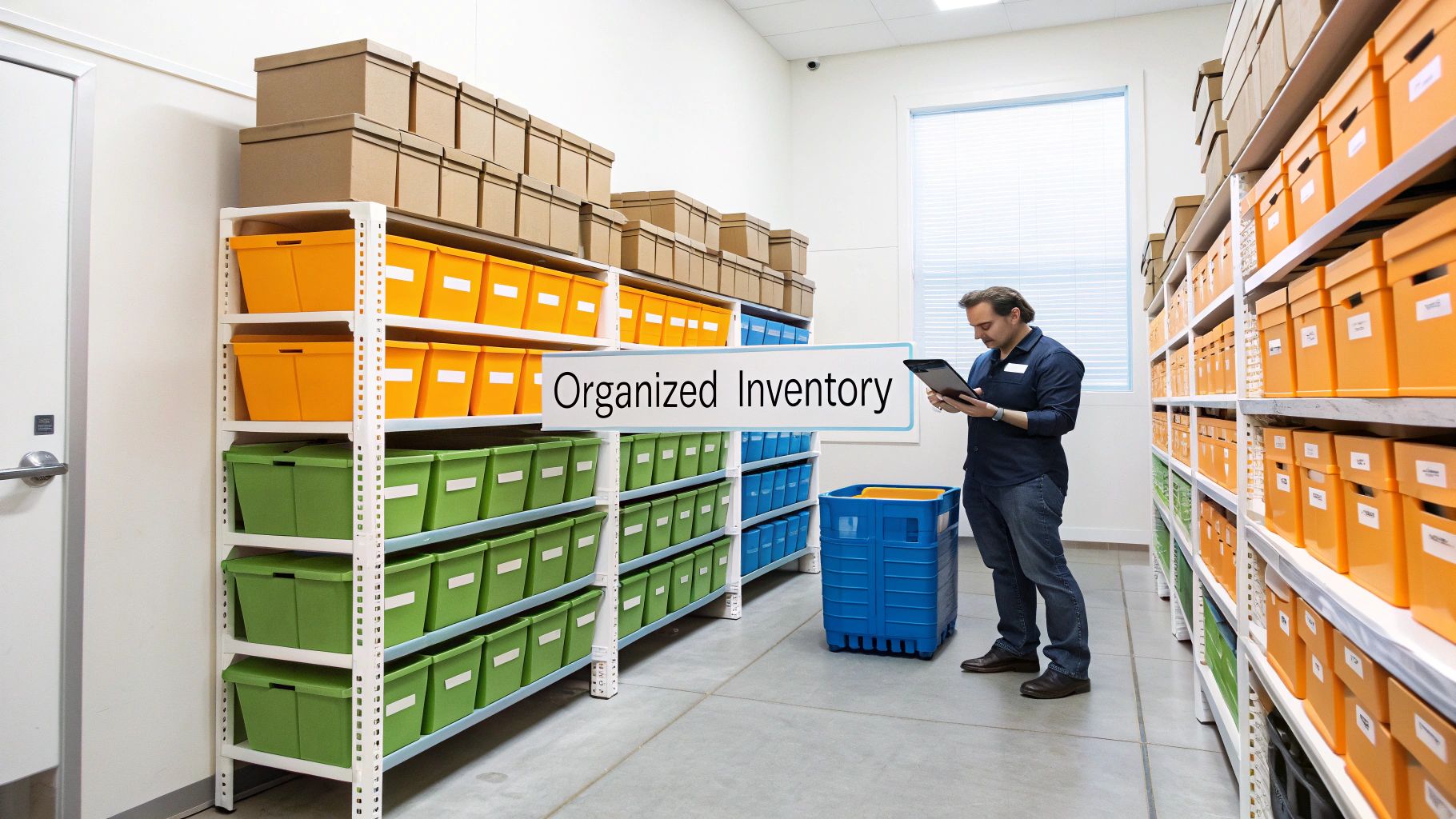 Man using a tablet to manage an organized inventory in a warehouse with colorful storage bins.