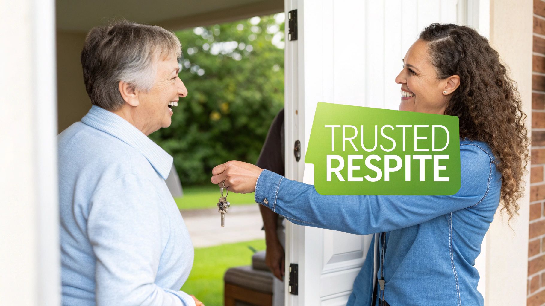 Two smiling women exchanging keys at a doorstep, symbolizing trusted respite care services.