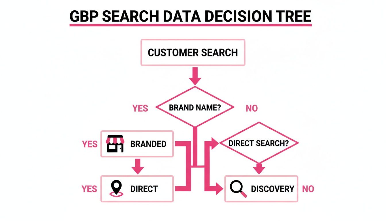 Decision tree for GBP search data showing paths for branded, direct, and discovery customer searches.