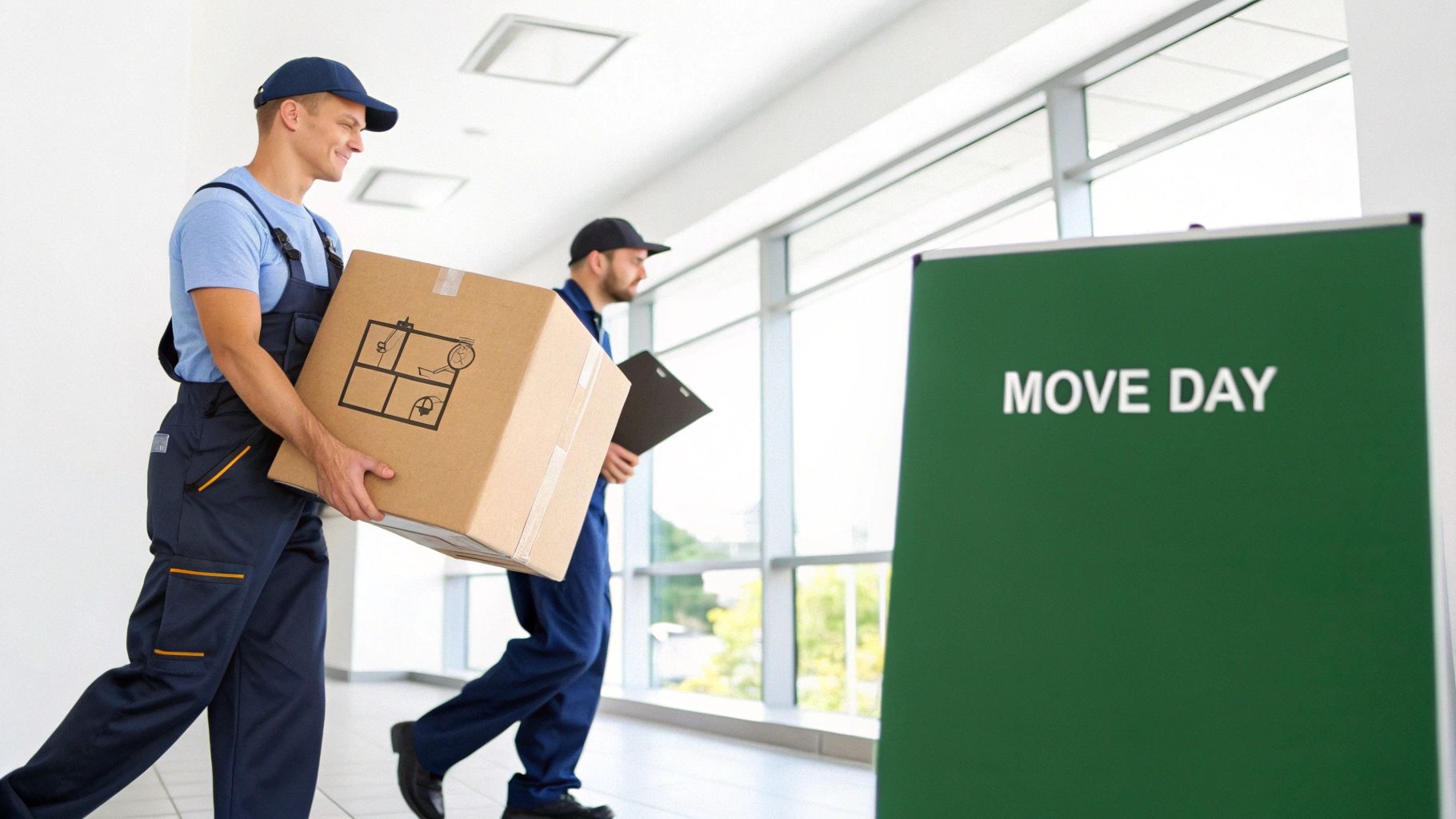Two professional movers in uniform carry cardboard boxes in a bright office hallway on move day.