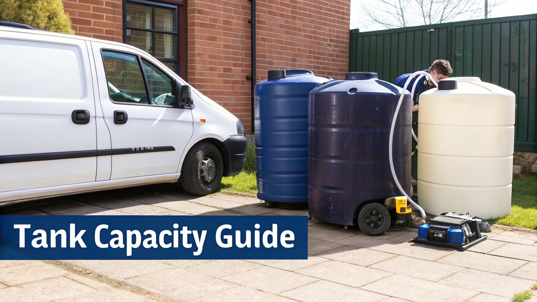 A white van parked alongside multiple large water tanks with a worker adjusting equipment outdoors.