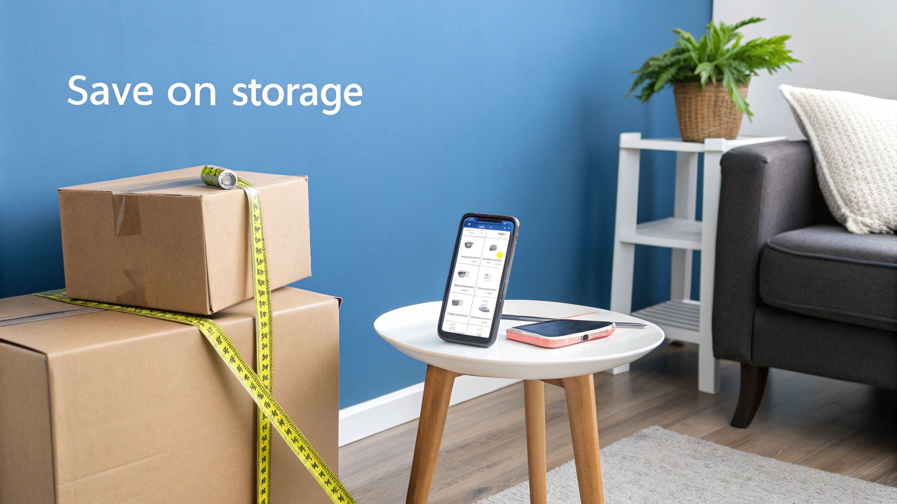 A person smiling while placing a labelled box onto a shelf in a well-organised self storage unit.