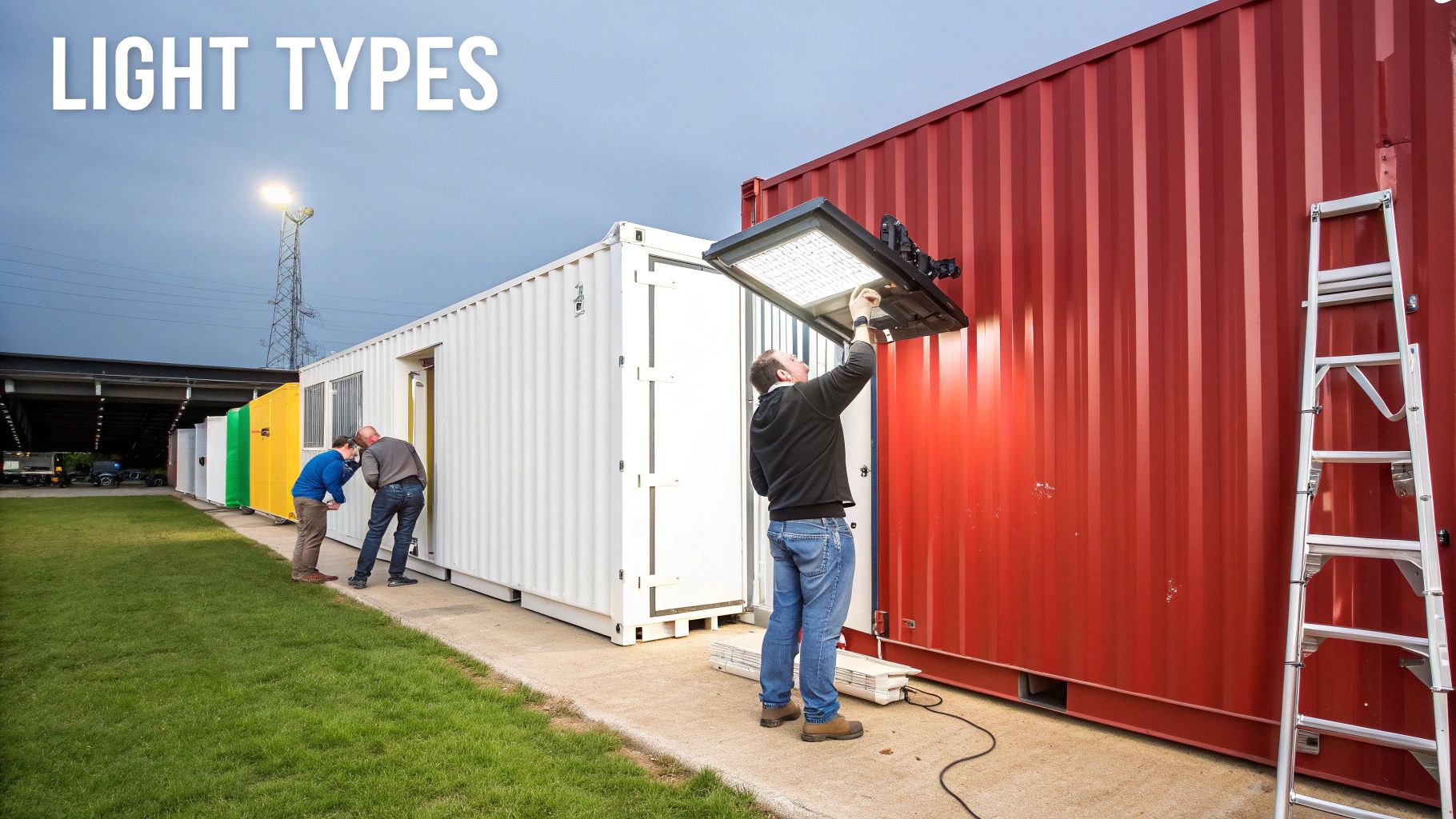 A well-lit shipping container interior with LED battens on the ceiling