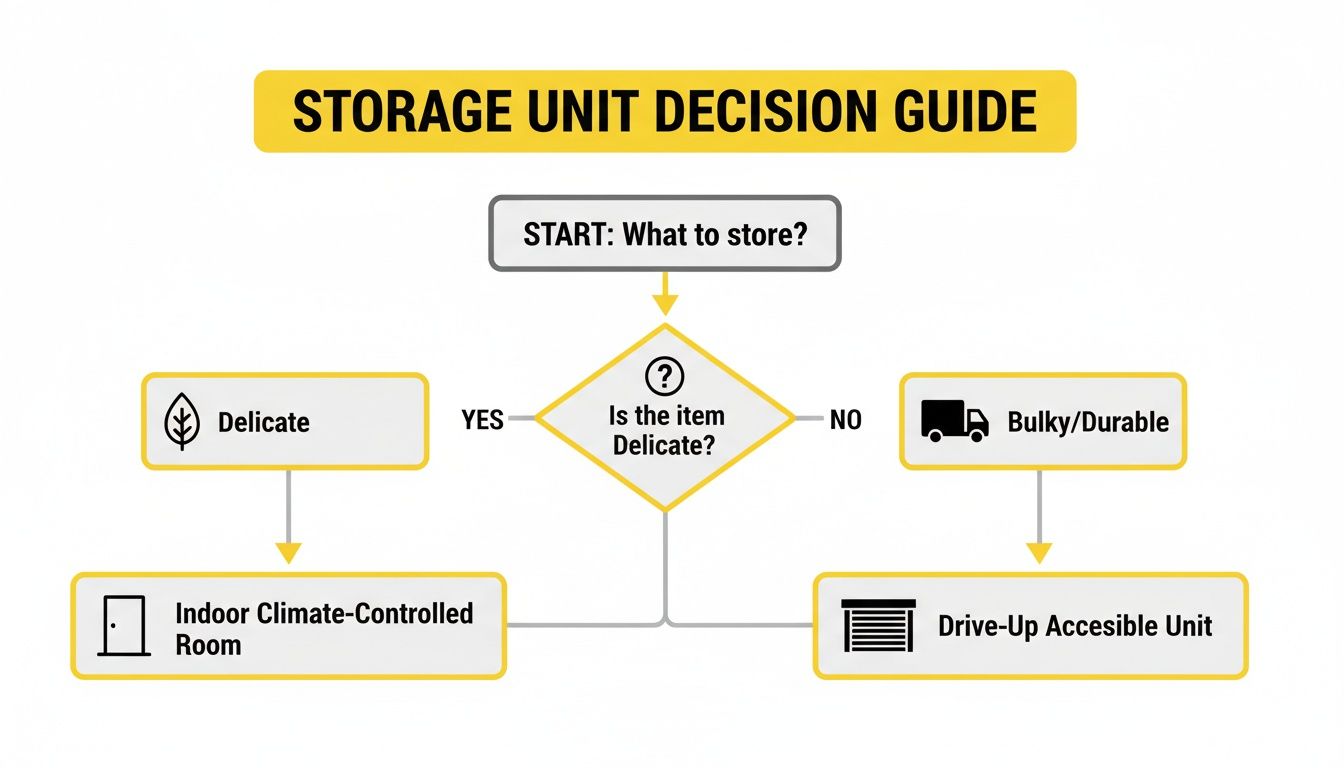Temporary storage near me: Smart storage solutions 2 Flowchart for a storage unit decision guide, suggesting climate-controlled rooms for delicate items and drive-up units for bulky items.