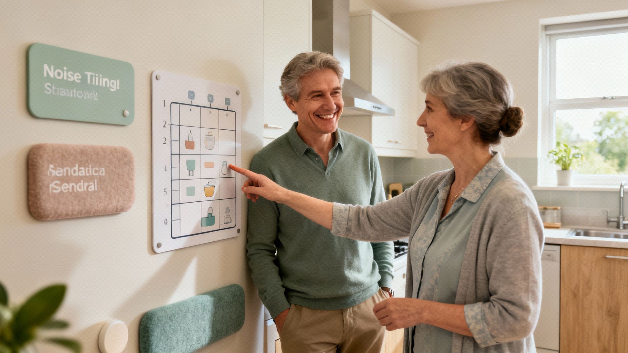 Smiling senior couple engaging with an interactive visual schedule on a kitchen wall.