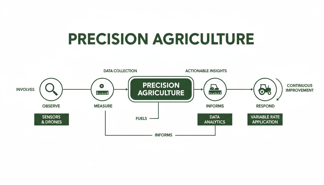 Flowchart illustrating the Precision Agriculture process from observe and measure to response and continuous improvement.