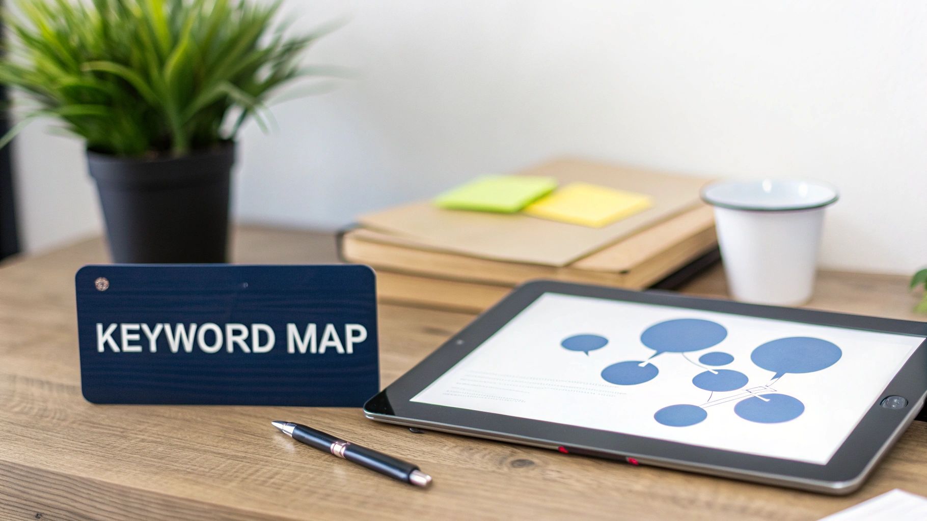 A desk with a 'Keyword Map' sign, a tablet displaying a mind map, and a pen.