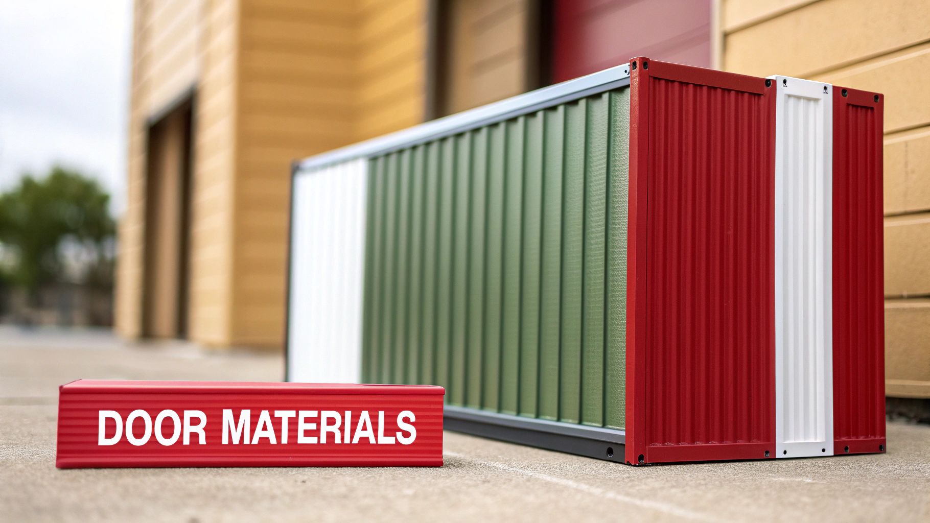 A red sign with 'DOOR MATERIALS' text in front of modular green, white, and red corrugated panels.