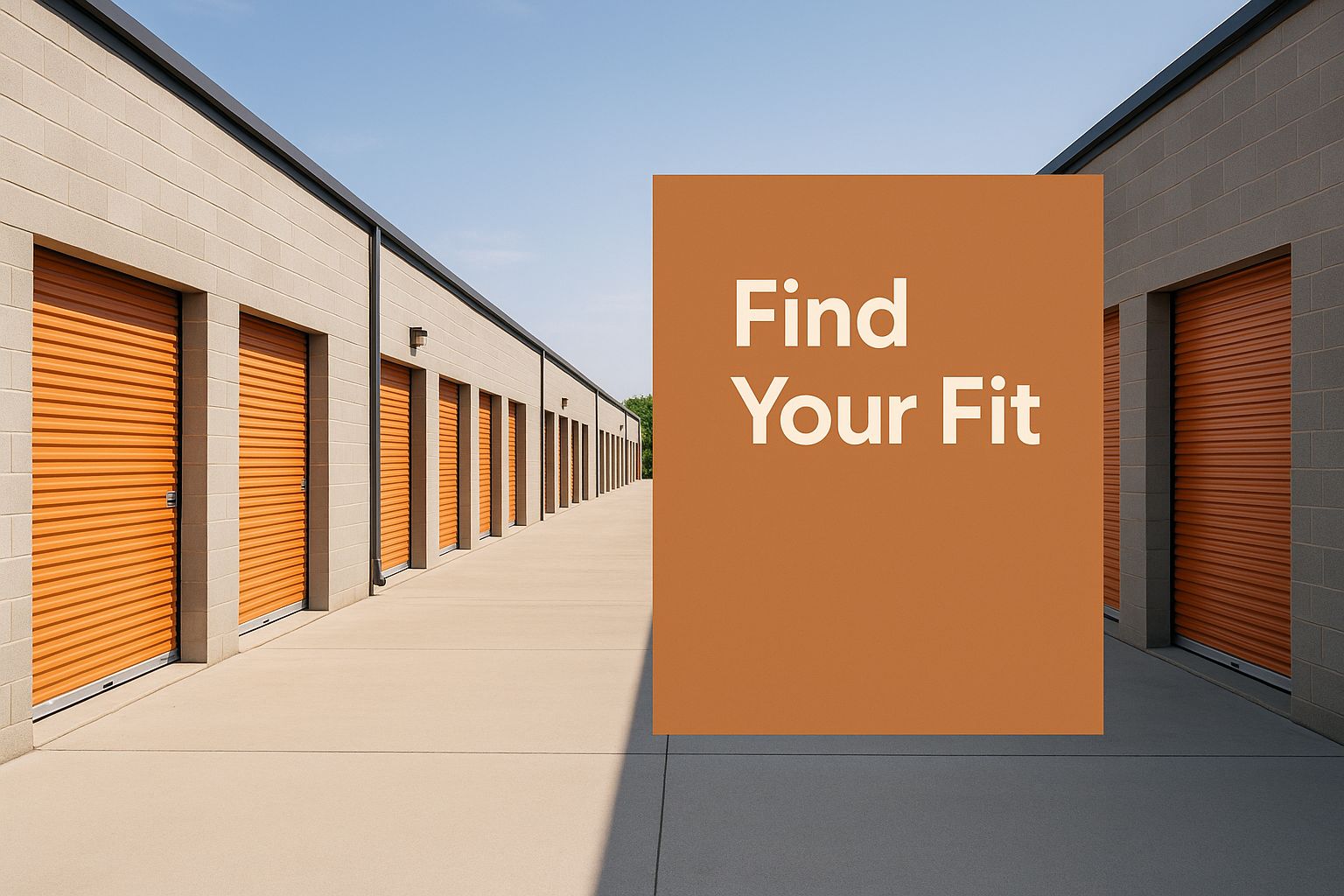 Infographic of a modern self-storage facility exterior with neat rows of storage doors and a clear driveway, featuring a text block with 'Find Your Fit' positioned thoughtfully in the center-right.