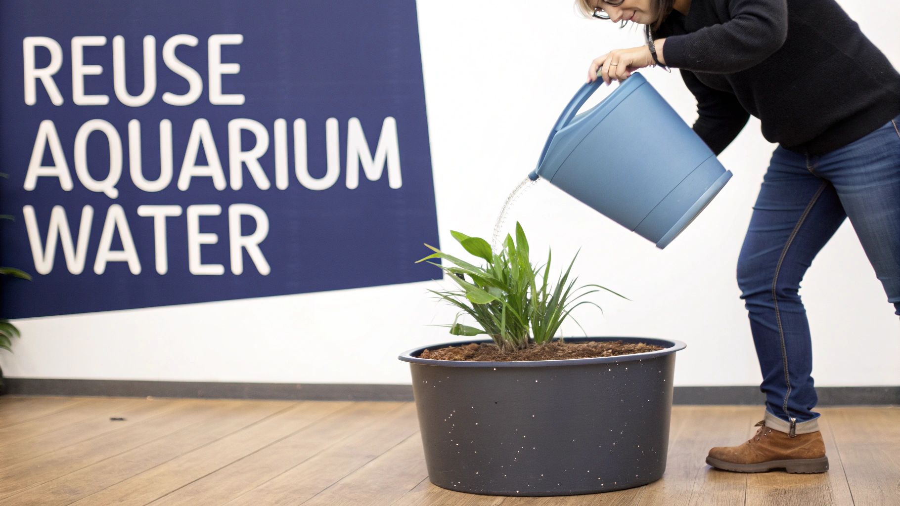 A person waters a potted plant with water from a blue watering can, advocating aquarium water reuse.