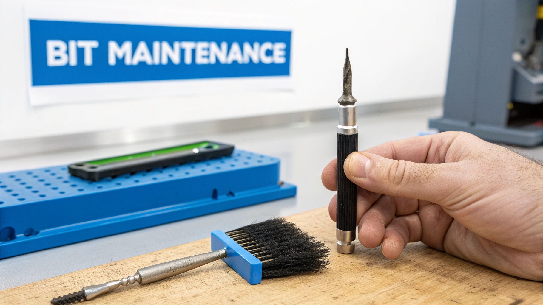 A person carefully cleaning a brad point drill bit with a cloth and cleaning solution