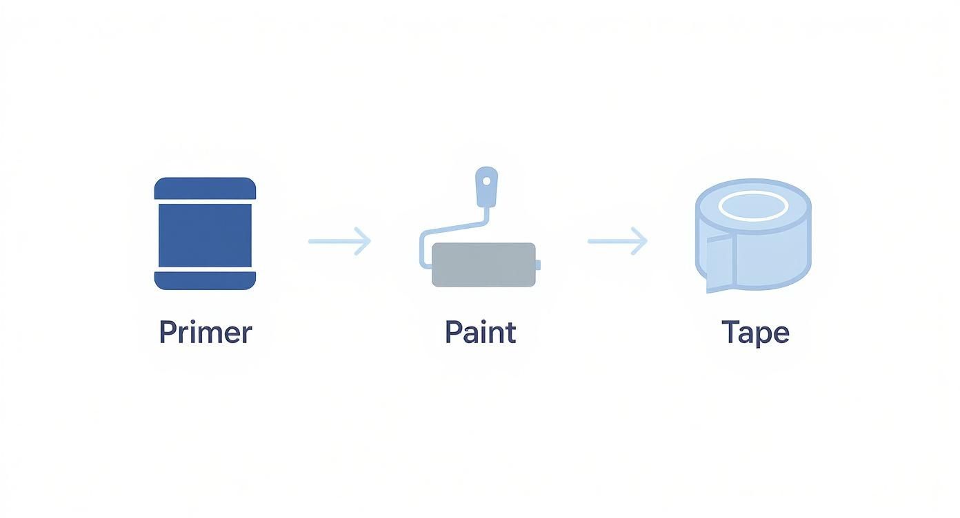 Three-step painting process showing primer can, paint roller, and masking tape with directional arrows