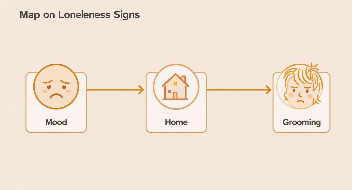 Infographic showing three warning signs of loneliness: changes in mood, home environment, and personal grooming habits