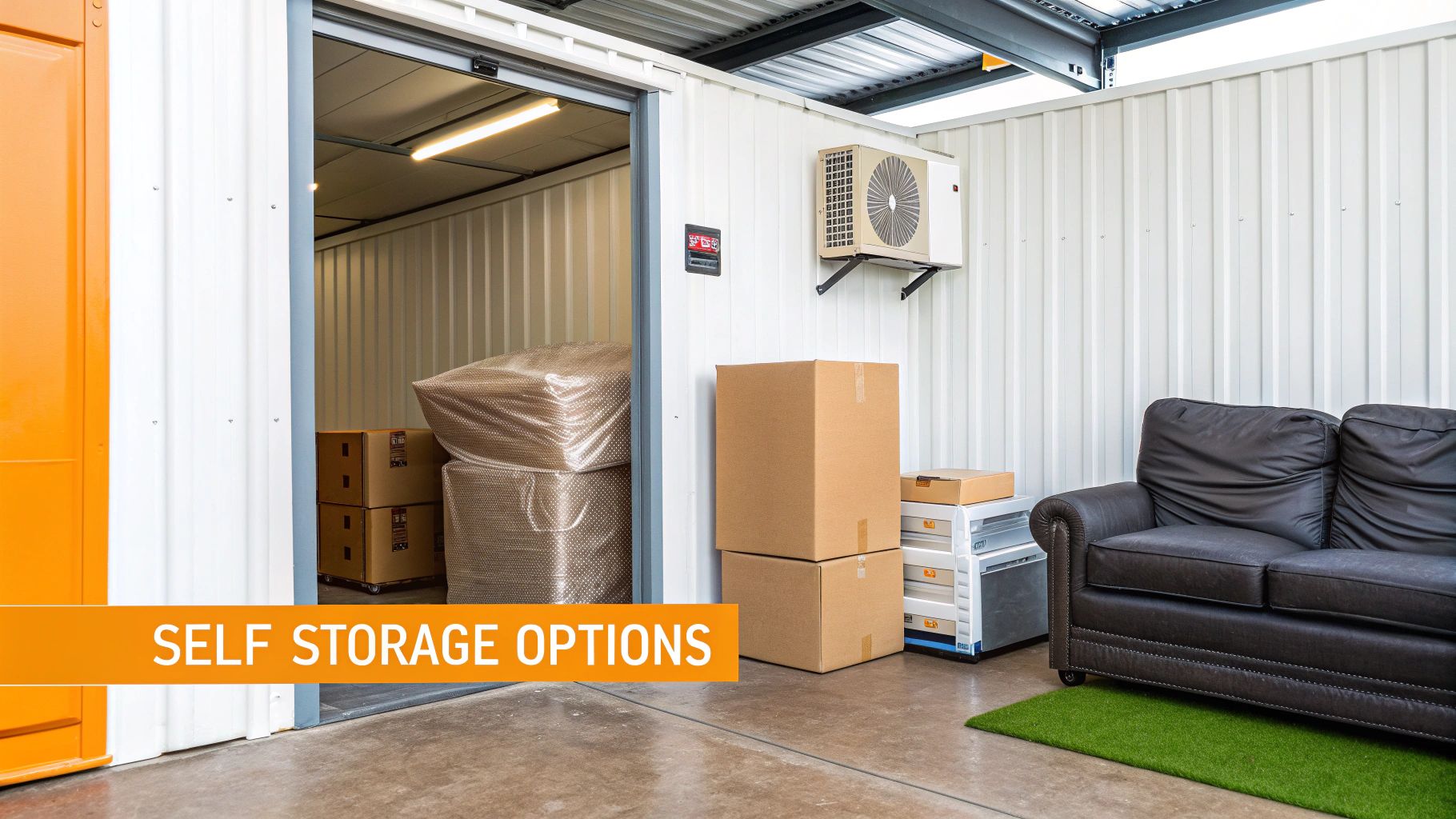 Several orange and grey self-storage unit doors lined up in a clean, well-lit hallway