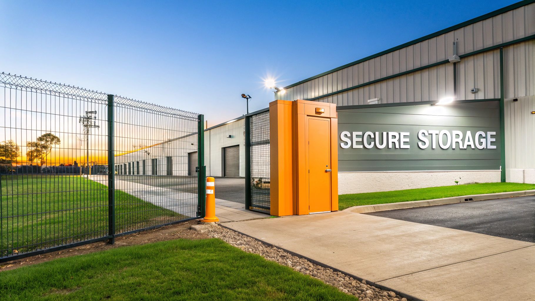 Modern secure storage facility at dusk with an orange security gate and prominent sign.