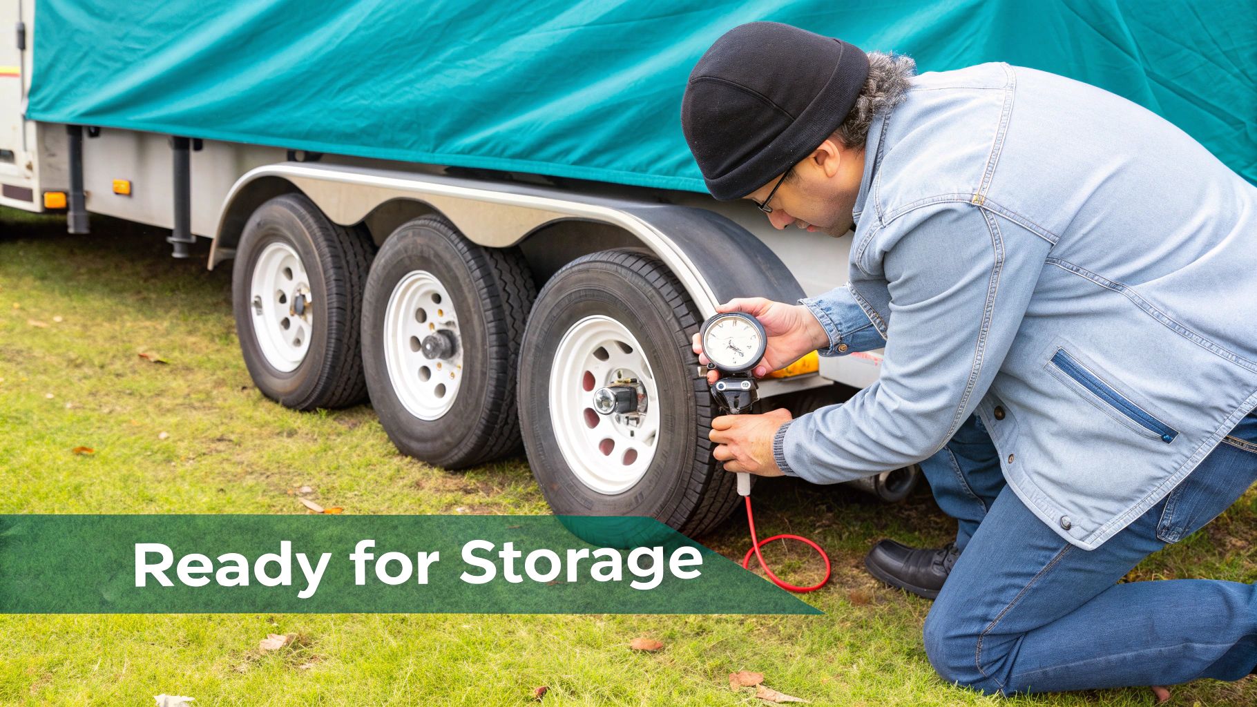 A person checking the tyre pressure of a trailer before putting it into storage.