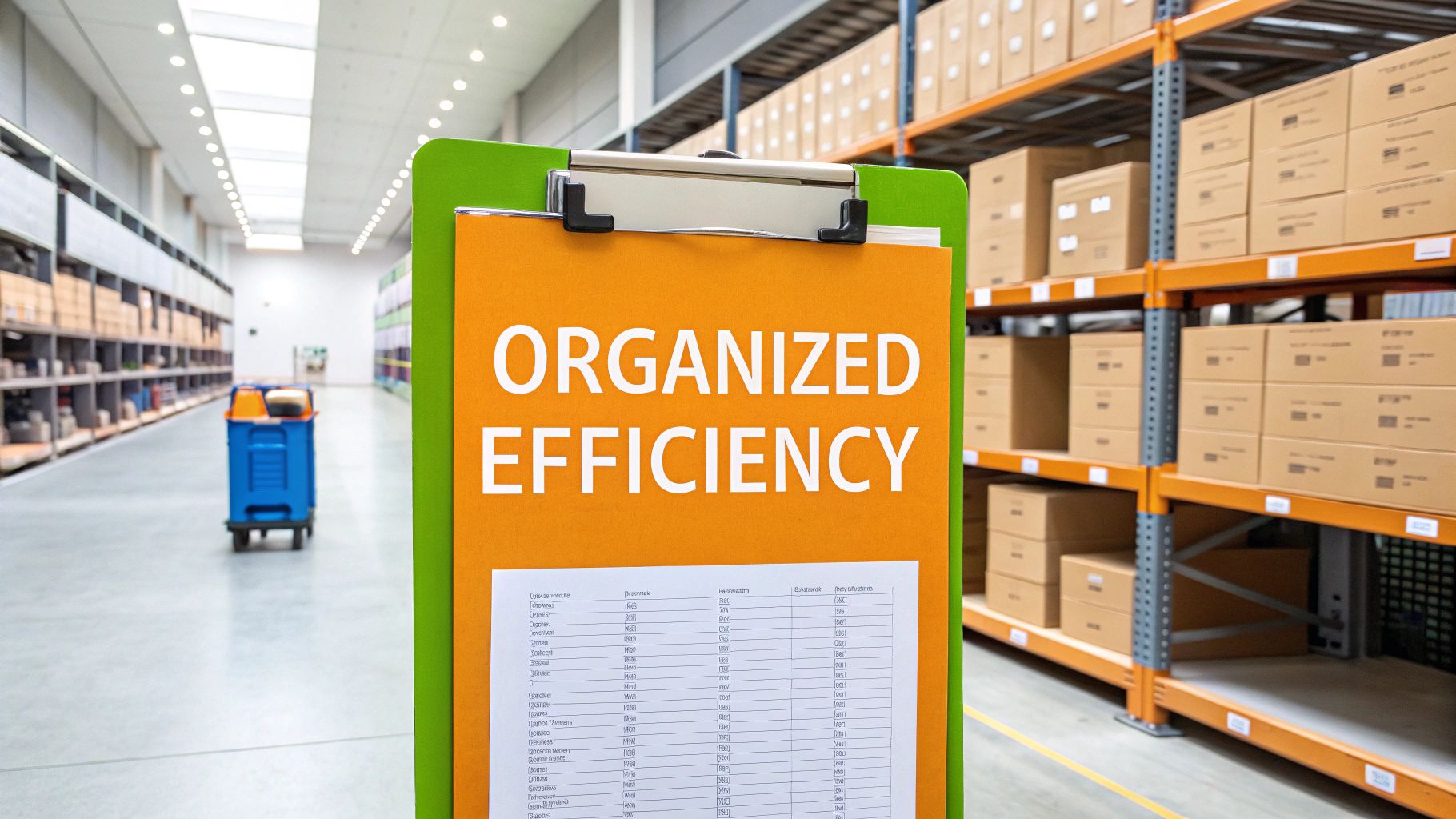 A clipboard with 'ORGANIZED EFFICIENCY' text in a brightly lit warehouse with shelves of boxes.