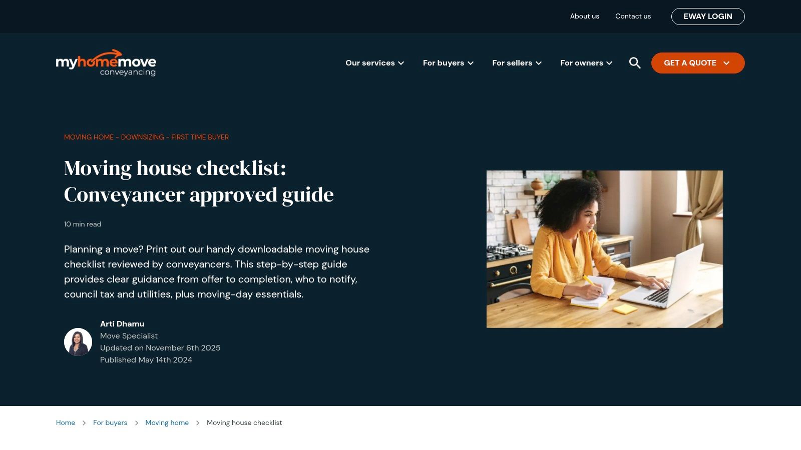 My Home Move Conveyancing website showing a moving house checklist.